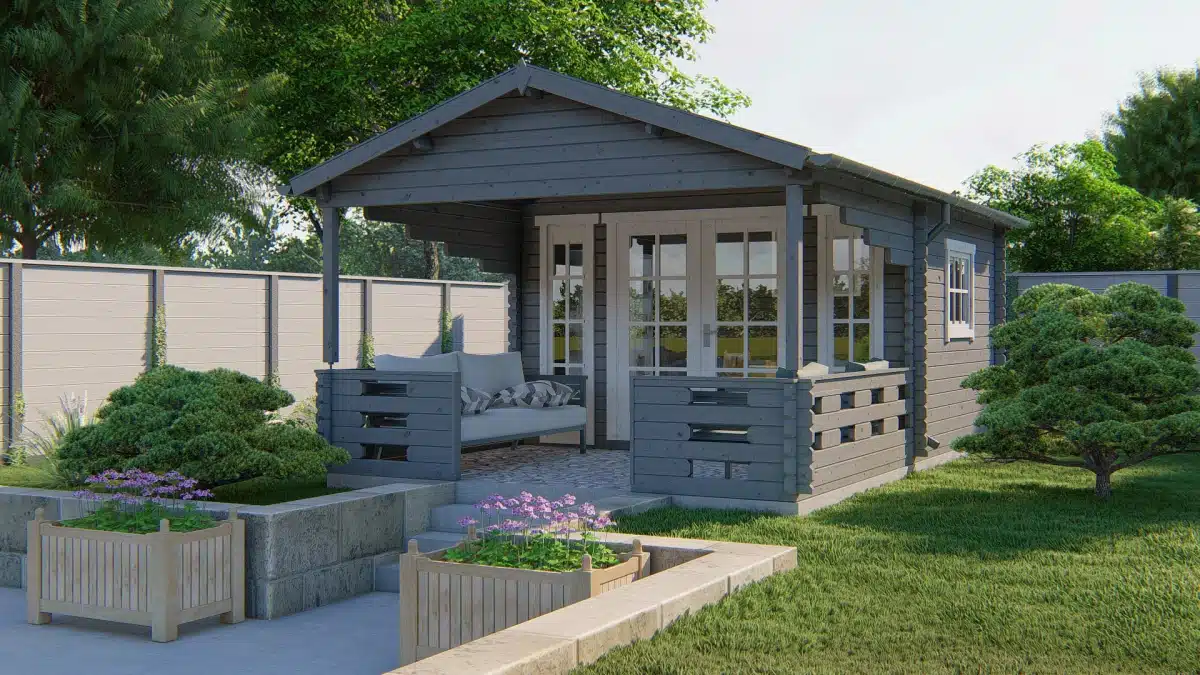 Blokhut – Tuinhuis Sanstrov | 44 mm | vuren honinggeel geïmpregneerd