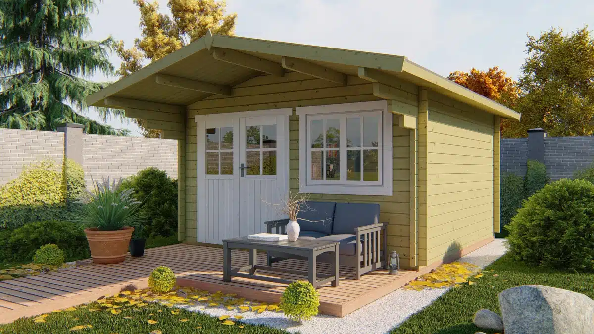 Blokhut – Tuinhuis Stian | 58 mm | vuren groen geïmpregneerd