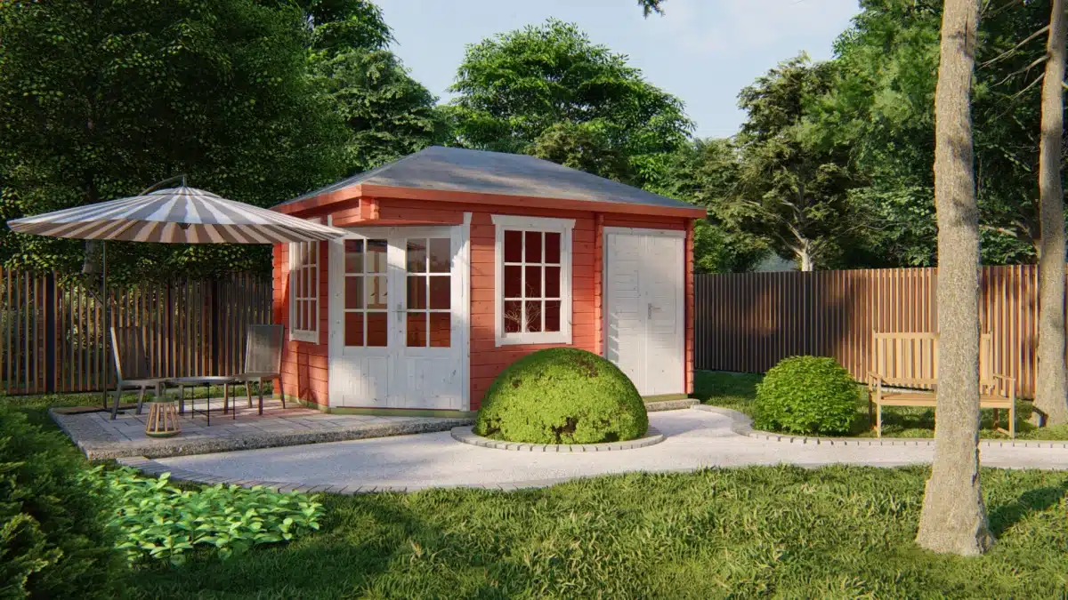 Blokhut – Tuinhuis Agnes | 44 mm | vuren honinggeel geïmpregneerd