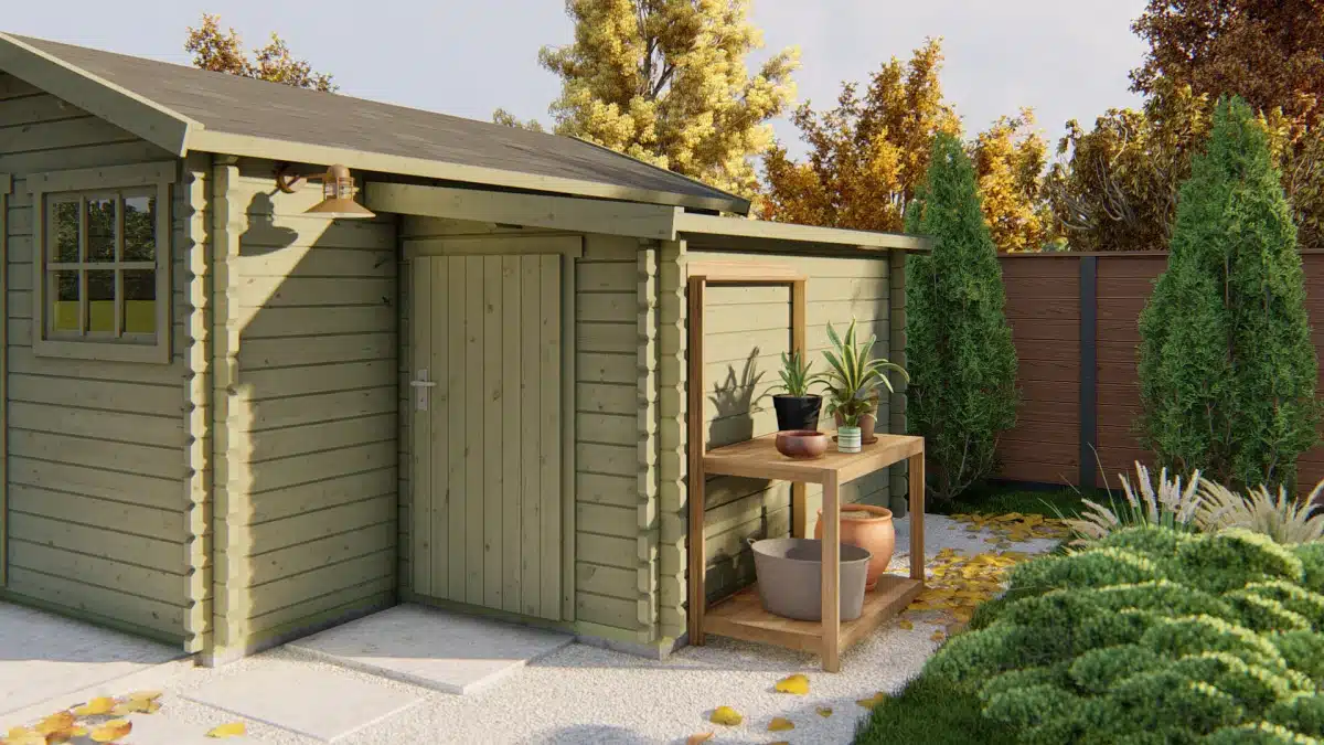 Blokhut – Tuinhuis Aanbouw | 28 mm | vuren Red Class Wood geïmpregneerd