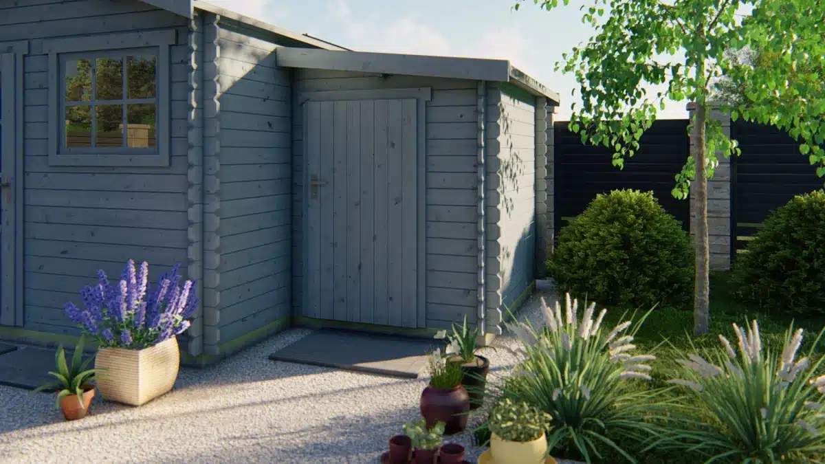 Blokhut – Tuinhuis Aanbouw | 44 mm | vuren groen geïmpregneerd
