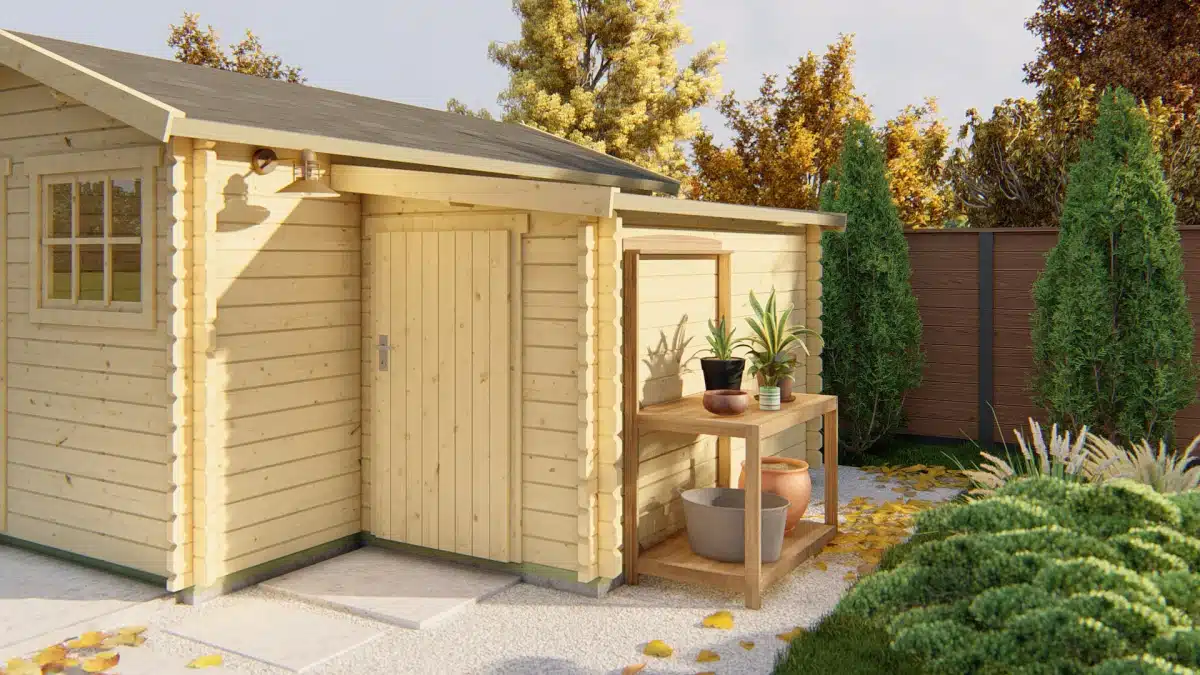 Blokhut – Tuinhuis Aanbouw | 28 mm | vuren honinggeel geïmpregneerd