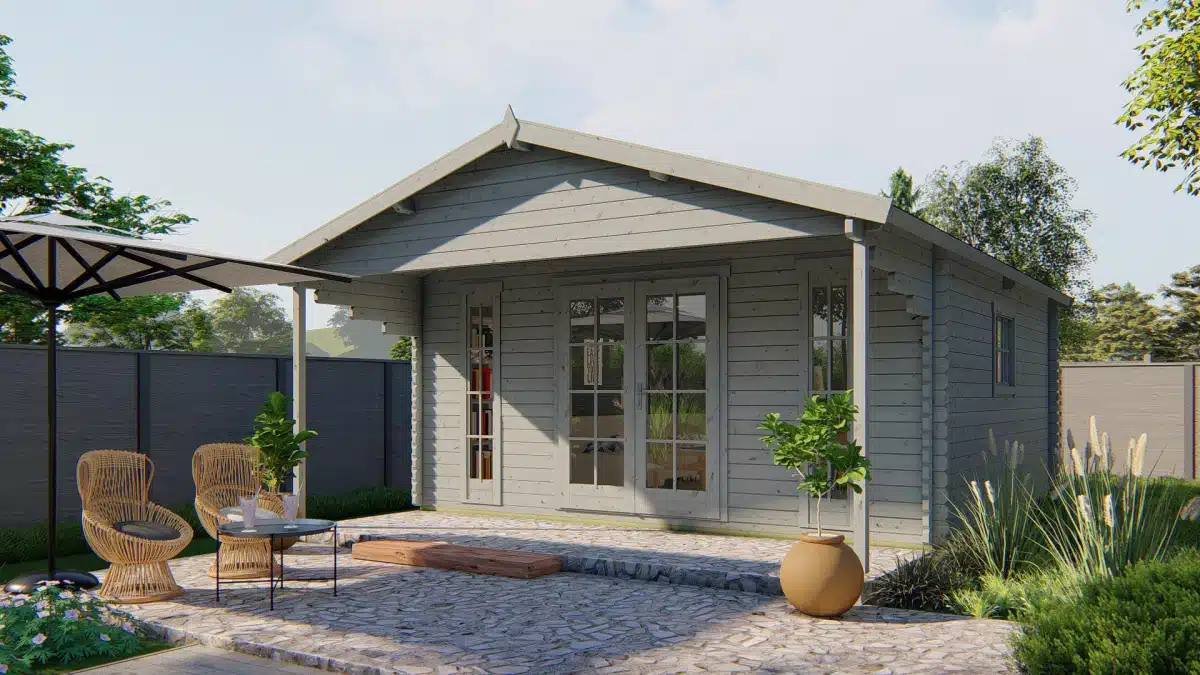 Blokhut – Tuinhuis Emiel | 44 mm | vuren grijs geïmpregneerd