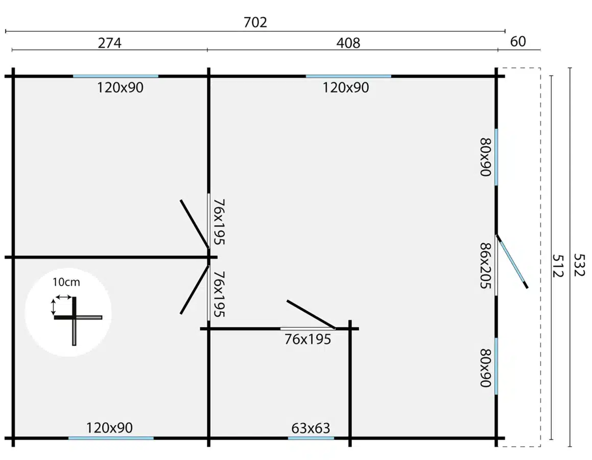 Blokhut – Tuinhuis Cadiz | 44 mm | grijs geïmpregneerd