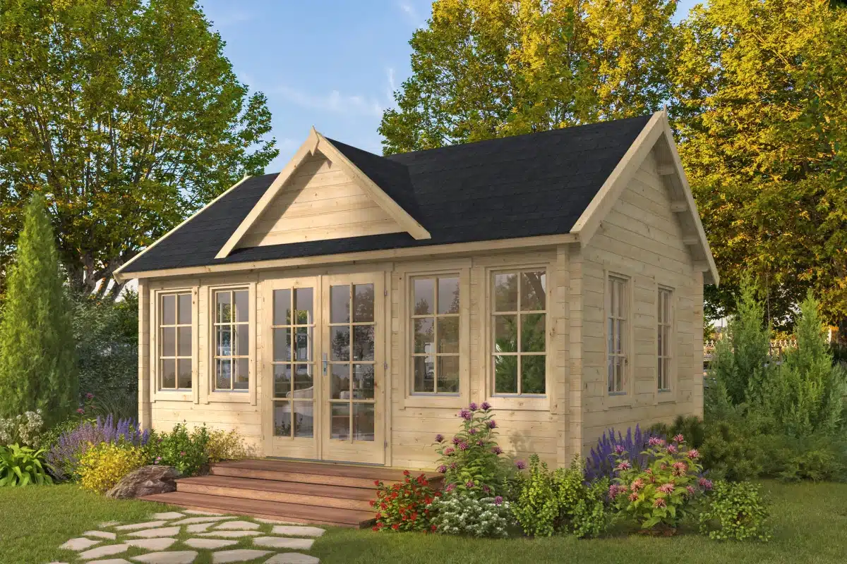 Blokhut – Tuinhuis Clockhouse Trevor | 70 mm | vuren grijs geïmpregneerd