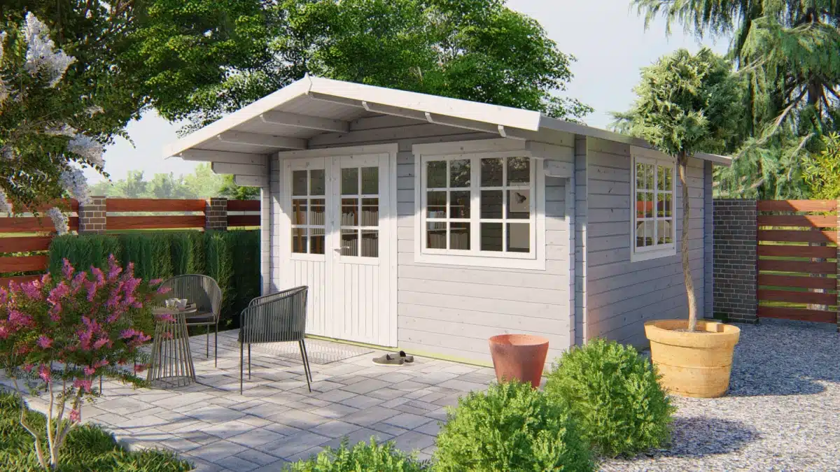Blokhut – Tuinhuis Inge | 44 mm | vuren grijs geïmpregneerd