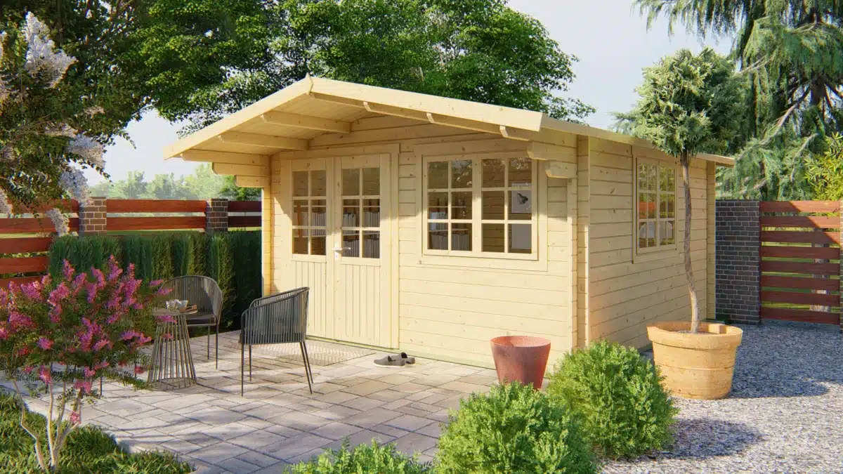 Blokhut – Tuinhuis Inge | 44 mm | vuren honinggeel geïmpregneerd