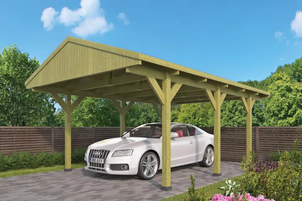 Carport zadeldak vuren, gedroogd, groen geïmpregneerd L600 x B400 cm