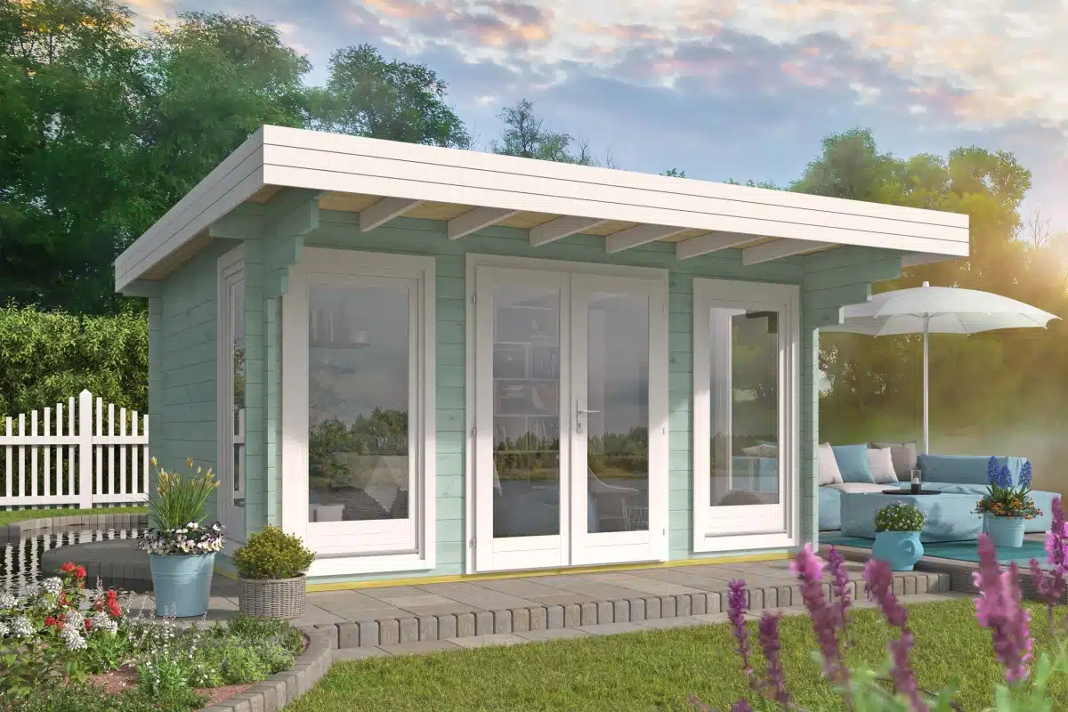 Blokhut – Tuinhuis Lory | 44 mm | vuren honinggeel geïmpregneerd