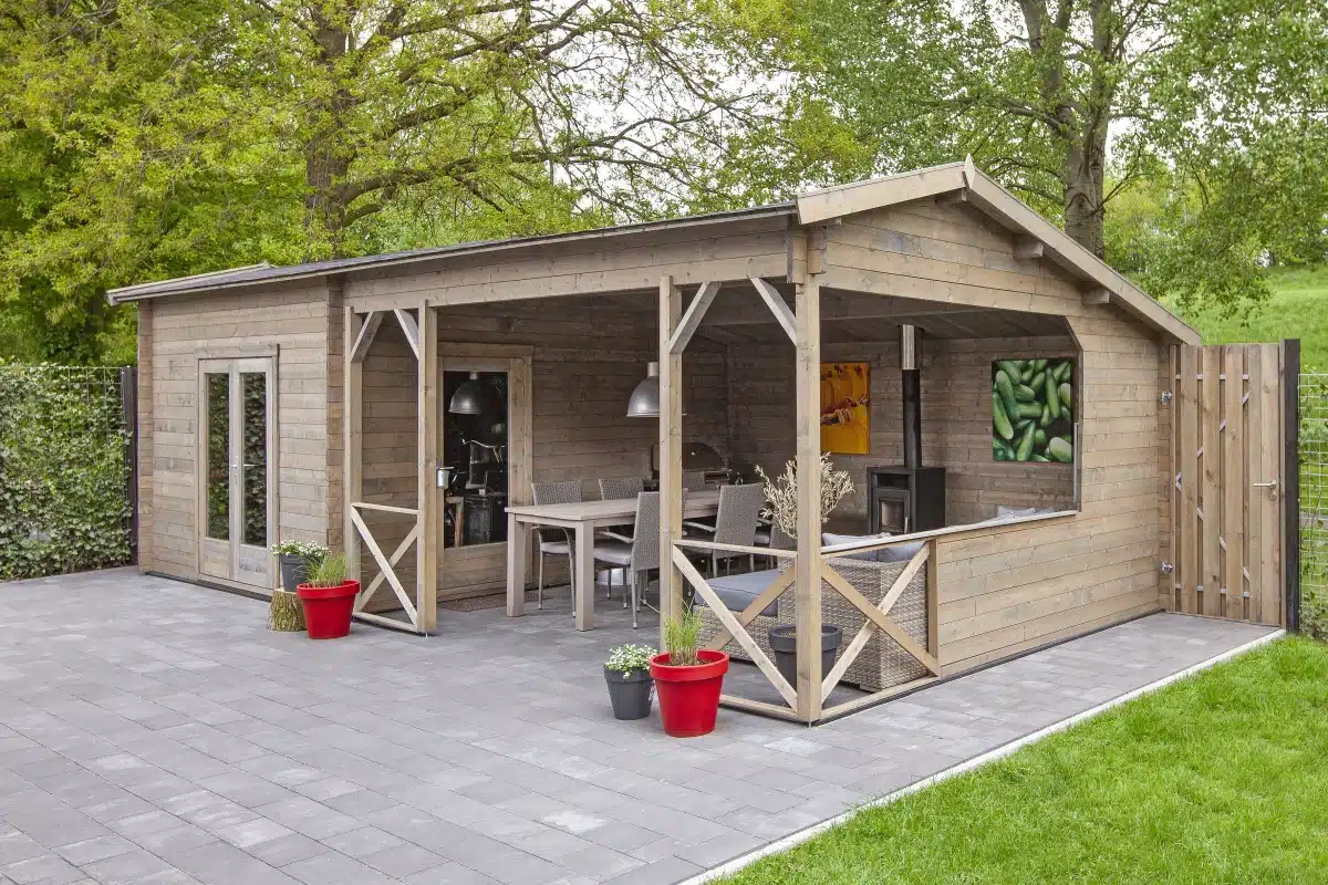 Blokhut – Tuinhuis Mokka | 40 mm | vuren grijs geïmpregneerd
