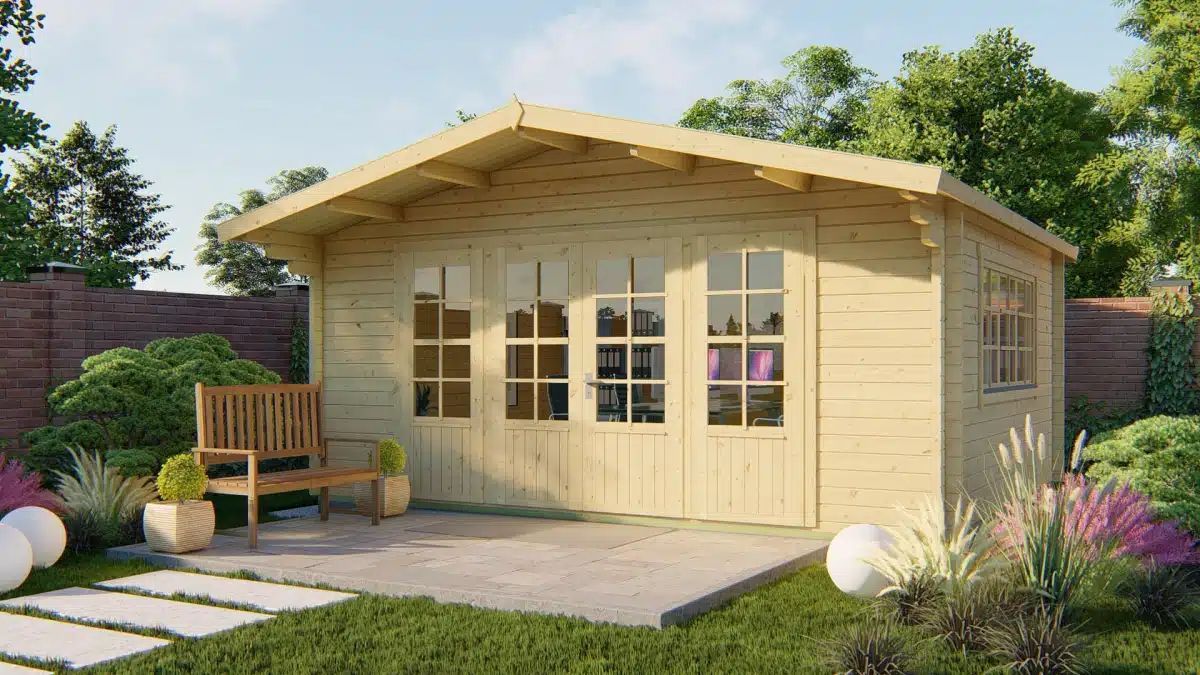 Blokhut – Tuinhuis Newcastle | 58 mm | vuren honinggeel geïmpregneerd