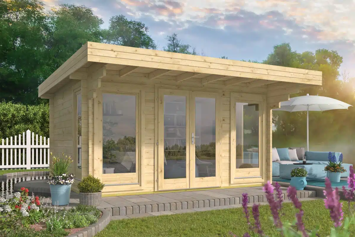Blokhut – Tuinhuis Lory | 44 mm | vuren honinggeel geïmpregneerd