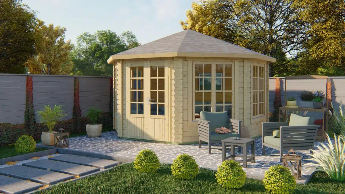 Blokhut – Tuinhuis Lynn | 44 mm | vuren honinggeel geïmpregneerd