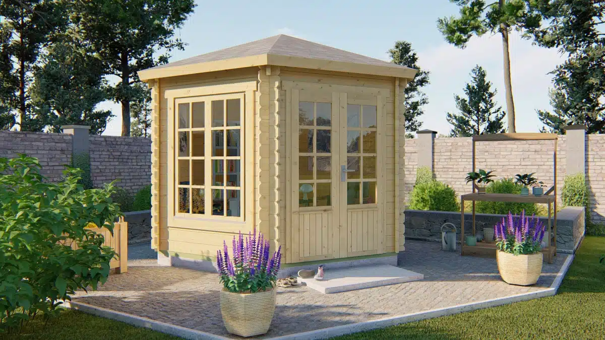 Blokhut – Tuinhuis Nora | 34 mm | vuren honinggeel geïmpregneerd
