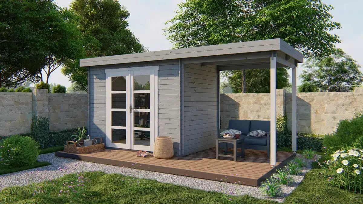 Blokhut – Tuinhuis Middelmodern | 28 mm | vuren grijs geïmpregneerd