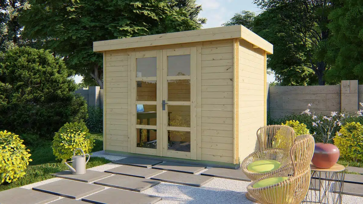 Blokhut – Tuinhuis Minimodern | 28 mm | vuren bruin geïmpregneerd