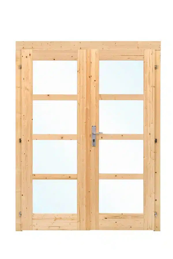 Dubbele deur+kozijn, vuren, enkel glas D1