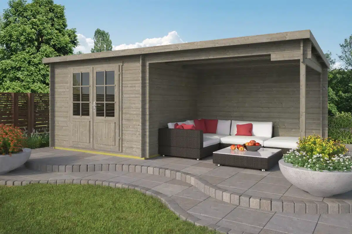 Blokhut – Tuinhuis Freddy | 28 mm | vuren grijs geïmpregneerd