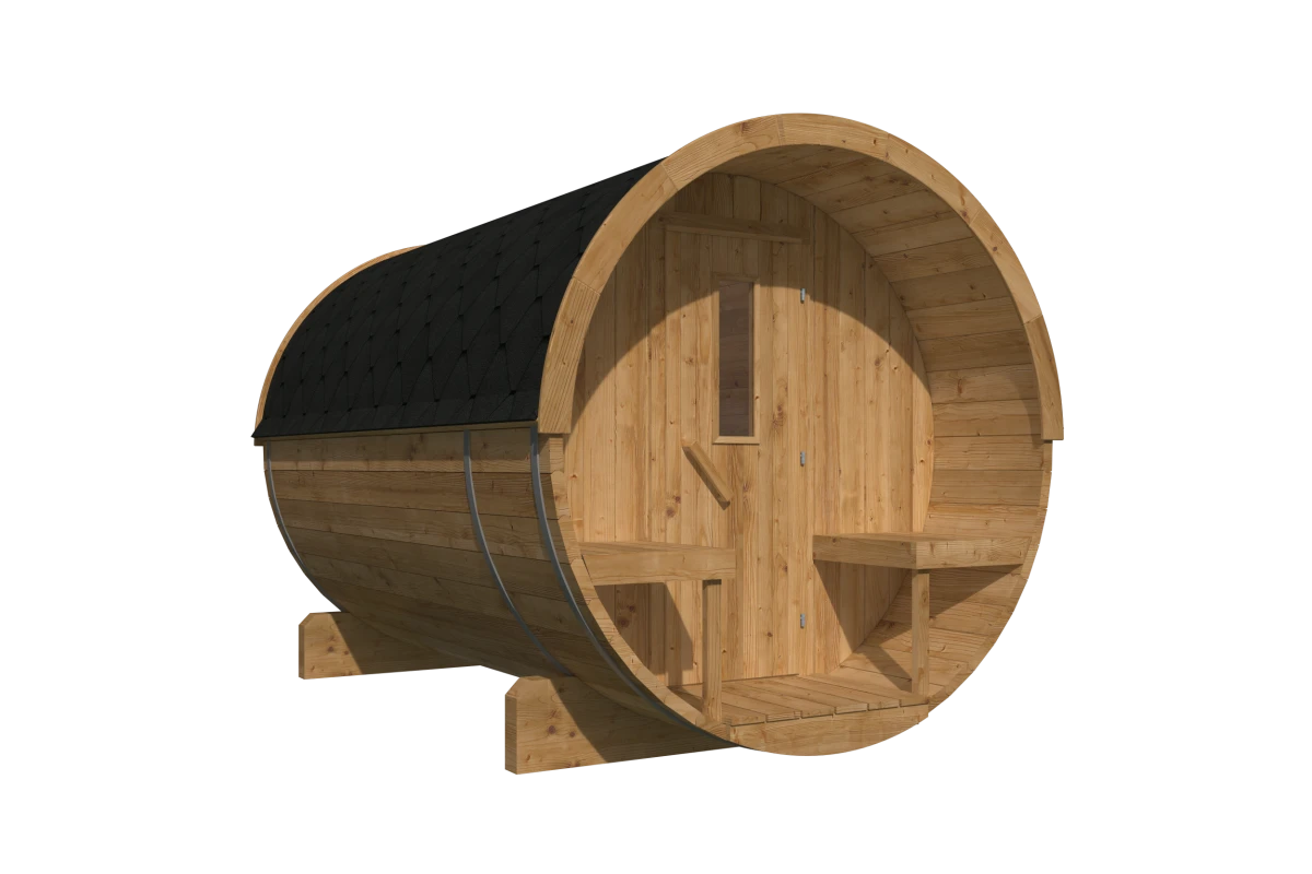 Saunabarrel | Ø205 x 300 cm | 42 mm | Thermowood | met ½ panorama raam