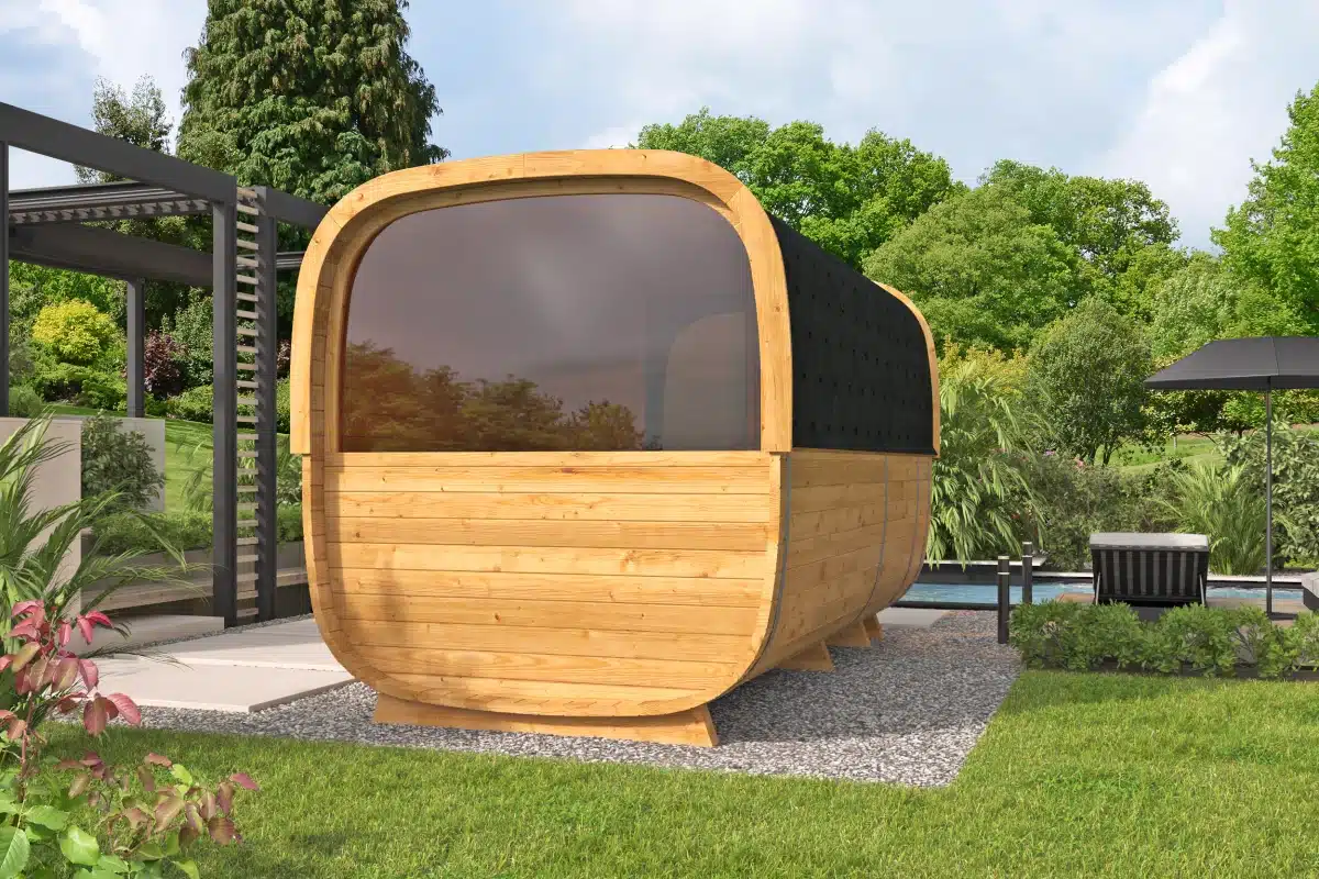 Sauna cube Rovaniemi 390 cm | 42 mm | Thermowood | met ½ panorama raam